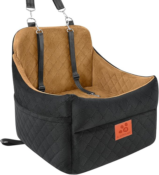 Dog Car Seat for Small/Medium Dogs, Dog Booster Car Seats with Thick Cushion for Dogs Under 35lbs, Detachable Washable Pet Car Seat with Storage Pockets, 2 Safety Belts(Black/Coffee)