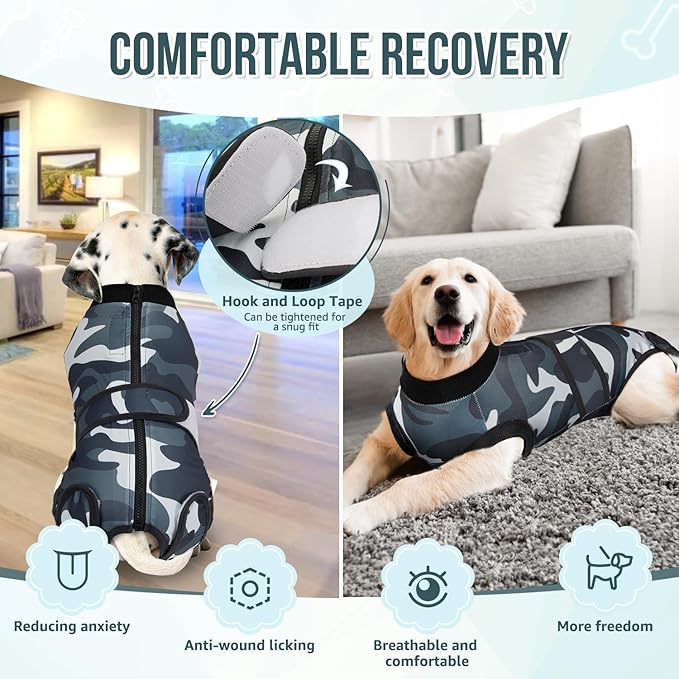 Lukovee Recovery Suit for Dogs, Zipper On Recovery Suit for Female Male Dog, Onesie Abdominal Wounds Cone E-Collar Alternative Prevent Licking Spay Recovery Suit (Medium, Camouflage)