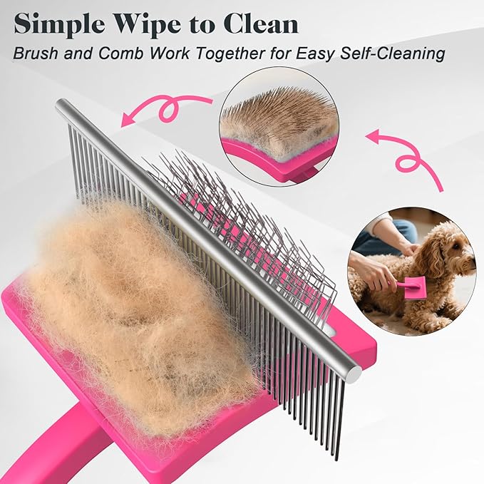 2PCS Slicker Brush for Dogs & Pet Comb,Professional Dog Grooming Brush (Goldendoodles,Poodles,Labradoodles) with Extra Long Pins to Effectively Remove Tangles, Knots and Mats (Pink)