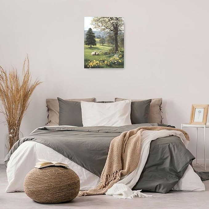 Country Sheep Canvas Wall Decor Farmhouse Rustic Lamb Wildflower Wall Art Nature Countryside Landscape Pictures Painting Print Framed Artwork Decorations for Bathroom Living Room Bedroom 16"x20"