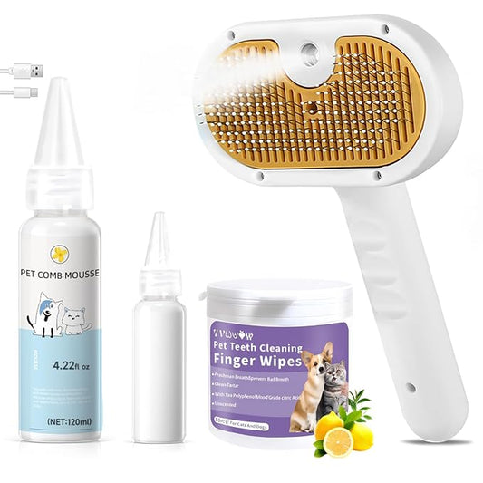 Cat Steam Brush, Pet Steam Brush for Cat & Dog, Mist Spray Comb, Spritz Defur Tool, Water Grooming Kit, Dog Hair Removal Steam Cleaner with Release Button Contains 1*Shampoo, Dental Wipes