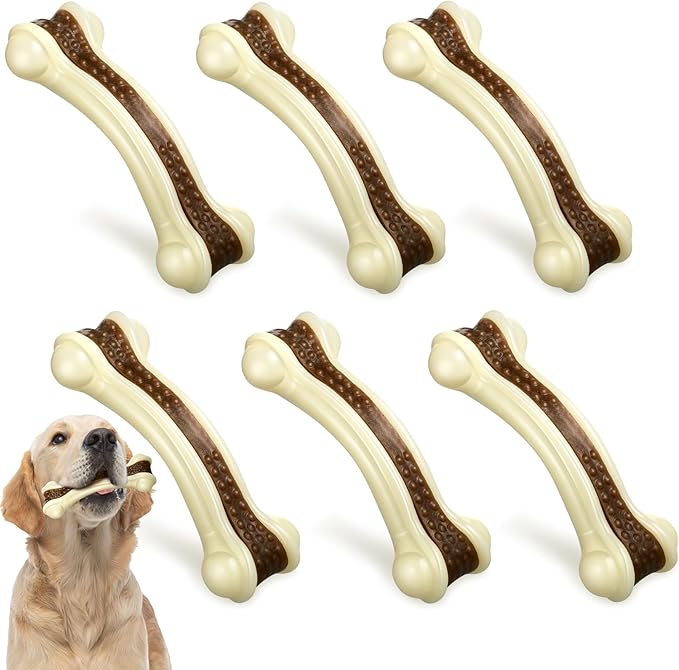 Sosation 6 Pcs Dog Toys for Aggressive Chewers Nylon Beef Flavor Bones Tough Puppy Teething Toys Puppy Chew Bones for Large Medium Small Breed Dogs Puppies Pets Chew Toys(Small)