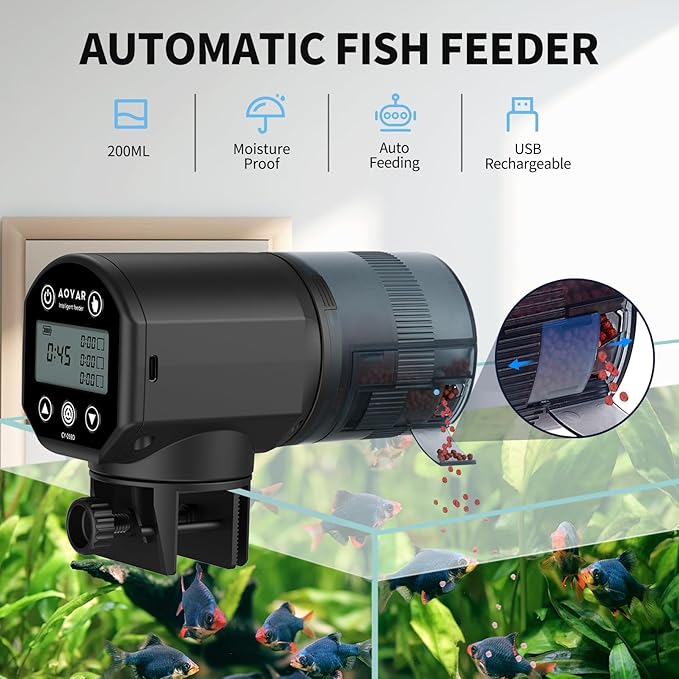 Automatic Fish Feeder Dispenser for Aquarium: Rechargeable Auto Feeders for Tank Turtle Pond Betta - 200ml Smart Food Feeding Timer Dispensers for Flake Pellet Vacation Weekend