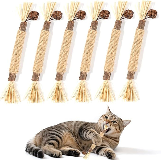 6 Pack Silvervine Cat Chew Toys, Natural Dental Sticks for Indoor Cats, Kittens Teeth Cleaning, Catnip Alternative, Interactive Play, Yellow