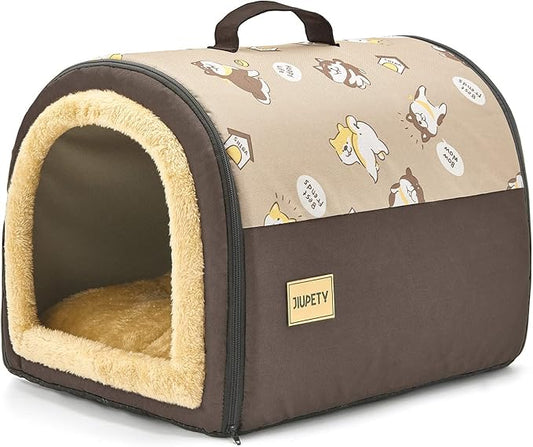 Jiupety Indoor Dog House, 2 in 1 Portable Foldable House Bed with Cover, Pet Tent & Cave Bed for Cats and Small Dogs, M(18"×14"×13"), Up to 9 Lb, Brown