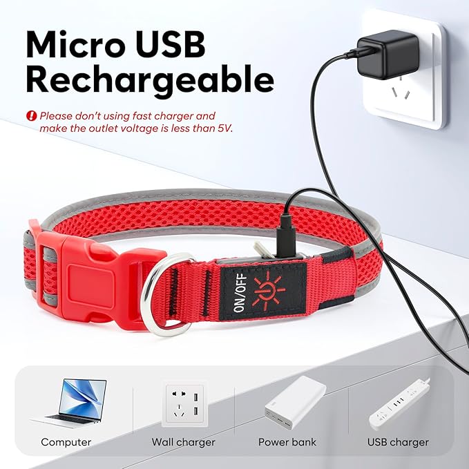 LED Dog Collar, Light Up Dog Collar USB Rechargeable, Brightest Dog Lights for Night Walking, Adjustable Dog Collar Light for Dog Safety (Medium, Ruby Red)
