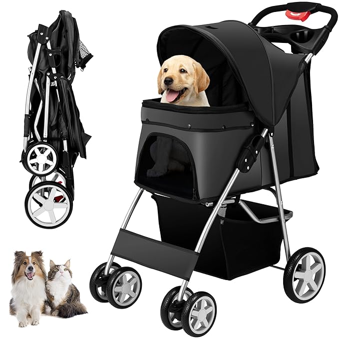 4 Wheels Pet Stroller for Small Medium Dogs Cats 10-33 lbs, Foldable Dog and Cat Stroller with Cup Holder & Storage Basket & Breathable Mesh, Pet Strolling Cart for All-Season, Black