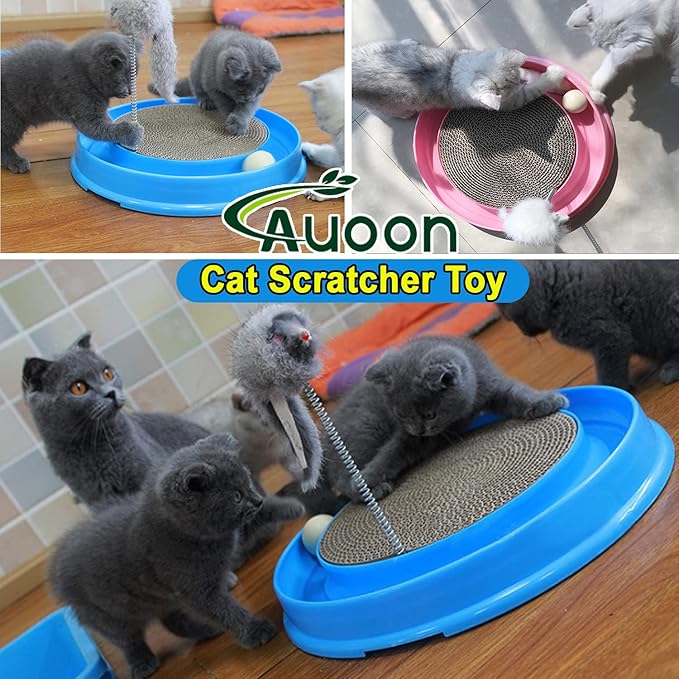 AUOON Cat Scratcher Toy - Cat Scratch Pad with Cat Toy Ball Track and Plush Mouse Toy for Indoor Cats and Kittens (Gray)