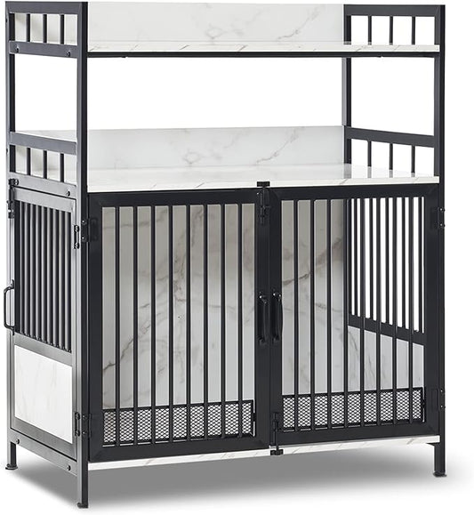 MCombo Furniture Style Dog Crate with Storage Shelves, Heavy Duty Wooden Dog Cage End Table, Triple Doors Pet House Indoor, 1368 (White)