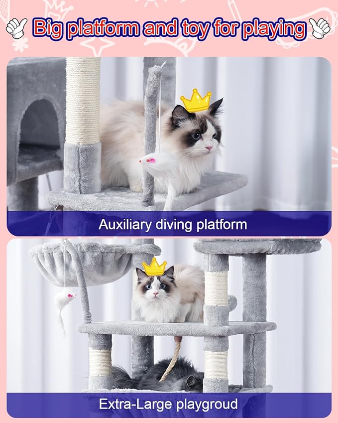 Cat Tree, Cat Tower for Large Cats with 2 Big Platforms, 2 Baskets, condo and Toys, 63" Cat Scratching Posts for Indoor Cats, Light Gray GCT020W