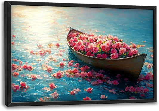 Large Lake Floral Landscape Wall Art for Living Room, Nature Boat Flower Canvas Oversized Wall Decor, Rose Scenery Framed Pictures Painting Print Artwork for Bedroom Office 36L" x 24W"