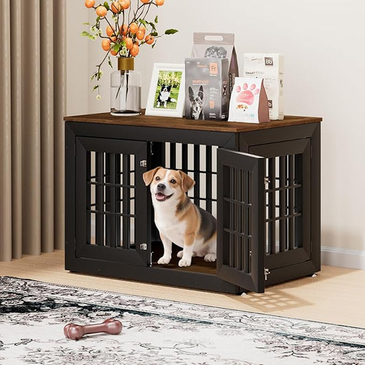 38" Heavy Duty Dog Crate Furniture for Small,Medium and Large Dogs,Rustic Wooden Dog Cage Kennel Indoor Furniture with Waterproof Top,Decorative Pet House Side End Table (Black & Wood)