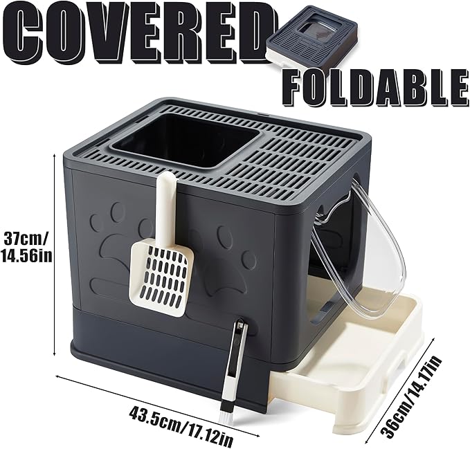 Gefryco Litter Box with Lid for Small to Medium Cats, Enclosed Cat Litter Box with Cover，High Sided Top Entry Cat Box with Brush and Scoop, Cute Kitty Litter Pan with Drawer for Growing Kitten(Black)