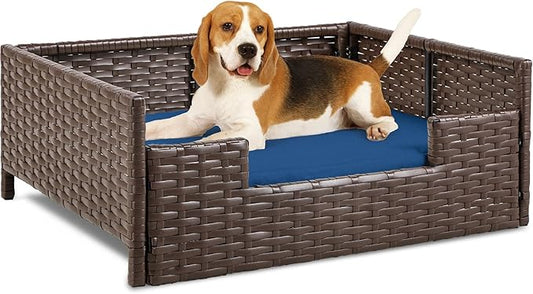 YITAHOME Rattan Dog Sofa Bed with Cushion,Wicker Pet Bed Sofa Couch Indoor Outdoor Water Unaffected for Large Medium Small Dogs Cats (24.8''L*19.7''W*9.8'',Blue)