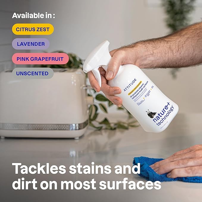 ATTITUDE All Purpose Cleaner Spray, EWG Verified, Vegan, Made with 94% Plant-Based Ingredients, Streak-Free for Kitchen, Bathroom, Glass & More, Citrus Zest Scent, 27.1 Fl Oz