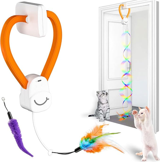 Interactive Cat Toy,Automatic Cat Toy for Indoor Cats,Hanging Door Clip Ribbon 360° Rotation,Feather & Rainbow Cat Stimulating Ribbons Cat Toys for Bored Adult/Kitten Exercise