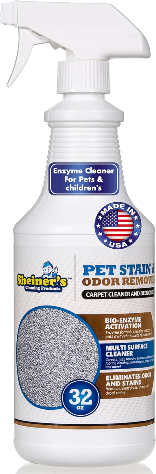 Sheiner's Pet Stain Remover & Pet Odor Eliminator, Advanced Cleaning Bio-Enzyme Cleaner Solution for Carpets, Rugs, Upholstery & Multi-Surfaces, Safe for Pets & Kids. (32 oz)