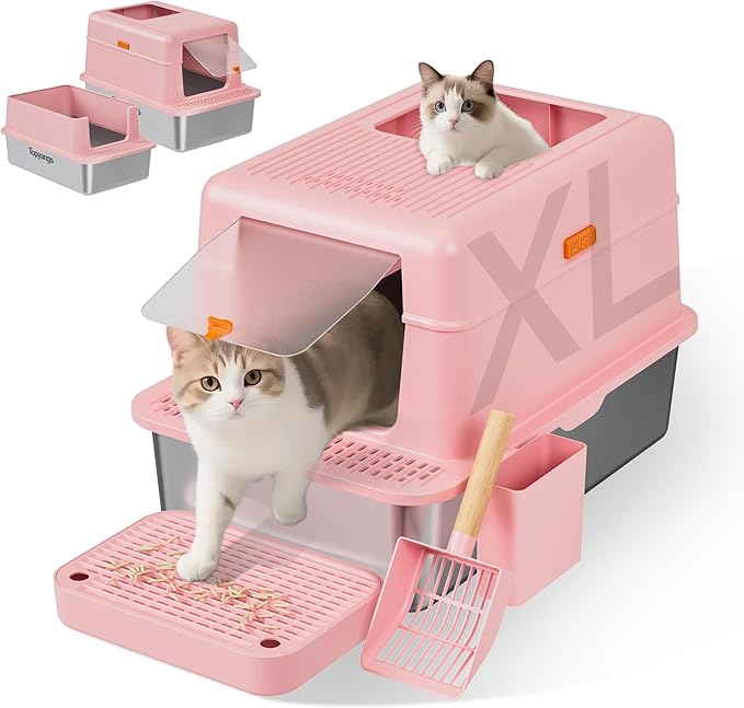 Stainless Steel Litter Box with Lid, 20L Metal Enclosed Litter Box for Big Cat, Flip-Top Design with Anti-Leakage High Sides, Large Cat Lovers Gifts (#2 Pink)