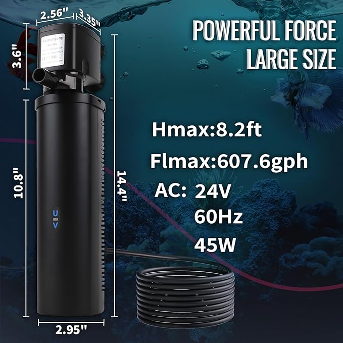 660GPH Aquarium Filter, UV Sterilizer for Aquarium for 100-400 Gallon, 24V DC Powerful Pump for Large Fish Koi Pond Cold Plunge Filter, Green Killing Machine with Algae Remover for Fish Tank