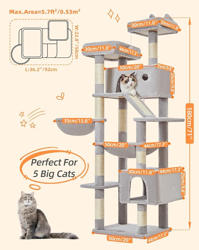 Taoqimiao Cat Tree 71-Inch, Cat Tower for Indoor Cats Large Adult, Multi-Level Large Cat Condo, 8 Sisal Scratching Posts, Metal Frame Cozy Hammock, Scratch Board, 2 Top Perches, Light Gray MS026LW