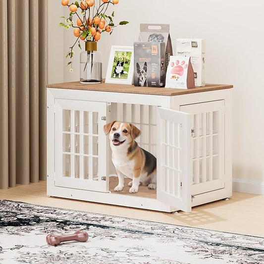 38" Heavy Duty Dog Crate Furniture for Small,Medium and Large Dogs,Rustic Wooden Dog Cage Kennel Indoor Furniture with Waterproof Top,Decorative Pet House Side End Table (White & Wood)