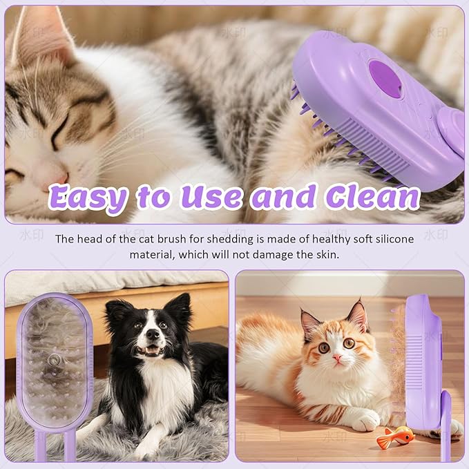 4 in 1 Cat & Dog Steam Brush Kit with 2 Comb Heads - Rechargeable Grooming Brush for Long/Short Hair Shedding, Anti-Static Steam Spray & Foldable Handle, Pet Spa Cleaning Tool (Purple)