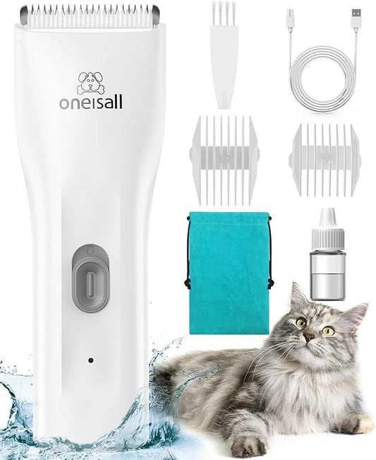 oneisall Pet Clipper for Cat Matted Hair, Pet Shaver for Cats Quiet Pet Clippers Waterproof Cordless Cat Clippers for Matted Hair Long Hair with Storage Bag (White)