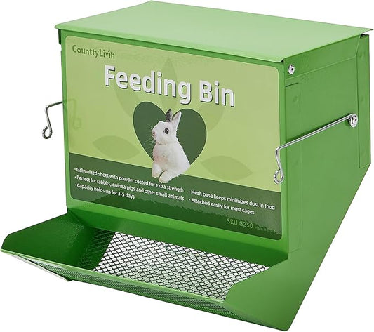 Metal Small Animal Feeder with Lid, Heavy Duty, Large Capacity Food Dispenser, Great for Rabbits, Guinea Pigs, Chinchillas and Other Small Animals (7.4 inch, Green)
