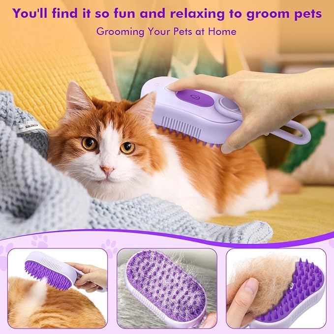 Cat Steam Brush,4 in 1 Rechargeable Pet Steam Brush for Cats and Dog,Anti-Static Cat Spray Brushes, Massage, Cleaning, Shedding and Combing for Long and Short Hair Cats and Dogs