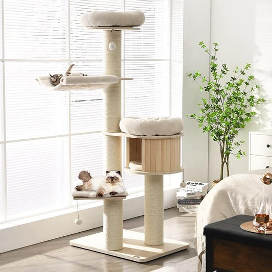 Tangkula Modern Cat Tree, Multi-Level Large Cat Tower with Condo, Hammocks & Hanging Basket, Tall Cat Tree with Sisal Posts, Washable Cushions, Wood Cat Trees and Towers for Indoor Large Cats