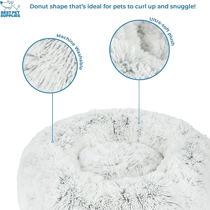 Best Pet Supplies Round Donut Dog Bed with Plush Faux Fur Fabric, Calming, Anti-Anxiety Cushion for Indoor Pets, Slip-Resistant Base, Soft Ergonomic Support - Light Warm Gray, 30x30x8''