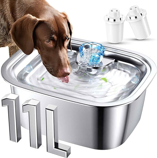 Stainless Steel Dog Water Fountain,3 Gallon Large Pet Water Fountains for Dogs and Cats, 11L /386oz Dog Water Bowl Dispenser w/Filter Drinking Bowls Indoor, Cat Founatin Quiet Pump, Easy to Use