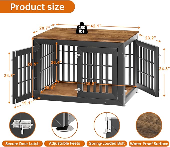 42" Heavy Duty Dog Crate Furniture for Small,Medium and Large Dogs,Rustic Wooden Dog Cage Kennel Indoor Furniture with Waterproof Top,Decorative Pet House Side End Table (Black & Wood)