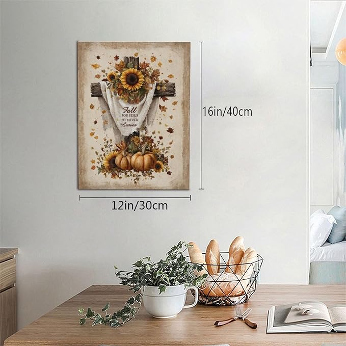 Christian Fall Wall Art Autumn Rustic Cross Sunflower Pumpkin Wall Decor Fall for Jesus He Never Leaves Pictures Painting Print Framed Artwork Decorations Gifts for Living Room Bedroom Prayer Room Office 12"x16"