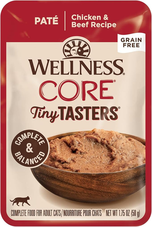 Wellness CORE Tiny Tasters Pate Adult Wet Cat Food, Natural, Protein-Rich, Grain Free, 1.75 Ounce Pouch, 12 Pack (Chicken & Beef)