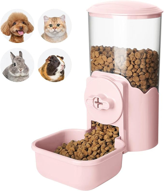 VANNON Small Animal Hanging Automatic Food Dispenser, 35oz Gravity Pet Feeder for Cage, Food Bowl for Rabbit Puppy Cat Ferret Guinea Pig Chinchilla Parrot (Pink)