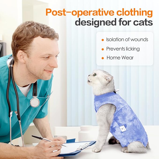 Cat Recovery Suit After Surgery, Recovery Wear for Abdominal Wounds, Onesie Cone E-Collar Alternative - Blue M
