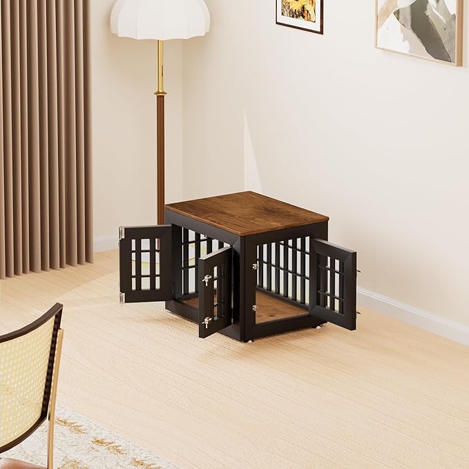 26" Heavy Duty Dog Crate Furniture for Small,Medium and Large Dogs,Rustic Wooden Dog Cage Kennel Indoor Furniture with Waterproof Top,Decorative Pet House Side End Table (Black & Wood)