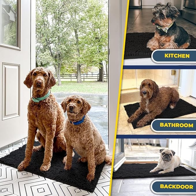 Muddy Mat® AS-SEEN-ON-TV Highly Absorbent Microfiber Door Mat and Pet Rug, Non Slip Thick Washable Area and Bath Mat Soft Chenille for Kitchen Bathroom Bedroom Indoor and Outdoor - Black XL 59"X35"