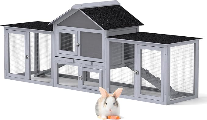 82.5” Large Wooden Rabbit Hutch Outdoor Easy to Assemble Rabbit Cage and Durable Bunny Hutch Indoor with Cleaning Tray & Waterproof Roof for Small and Medium Bunny Rabbit Chick (Grey)