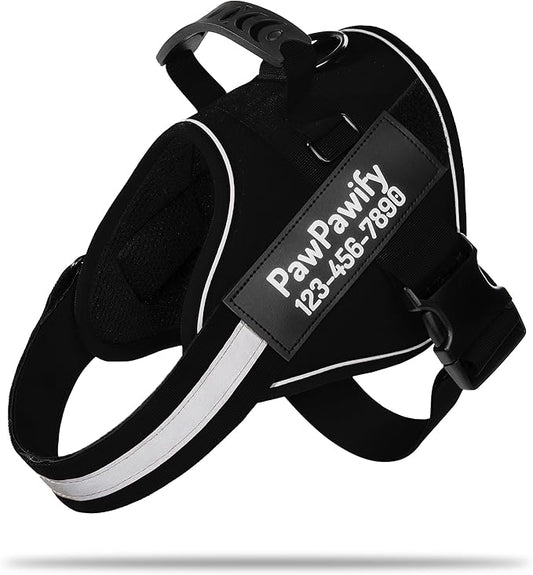 PawPawify Custom No Pull Dog Harness with Name and Phone Number, Heavy Duty Personalized Pet Vest to Prevent Tugging, Pulling, or Choking, Training and Walking (New Black, M (20-40 LBS))