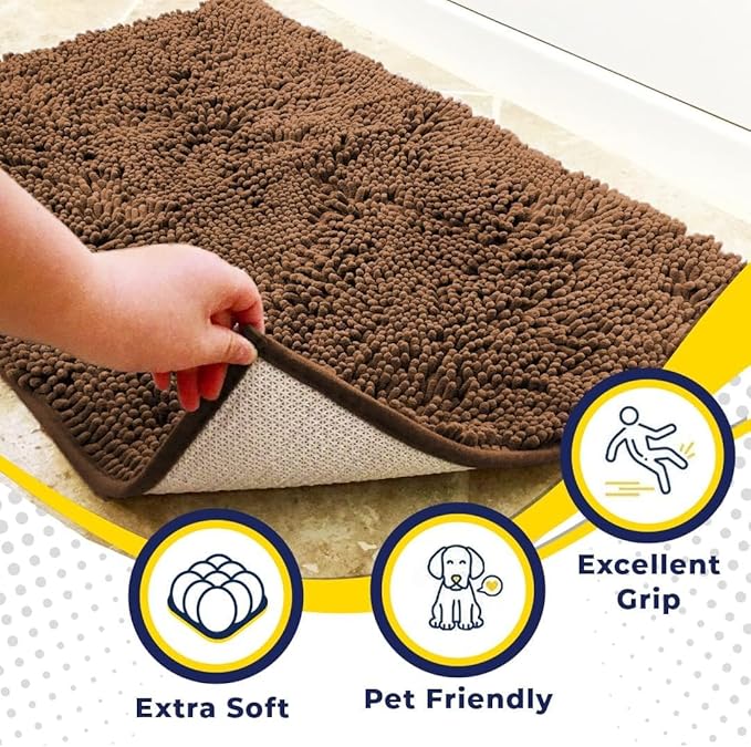 Muddy Mat® Pack of 3 Highly Absorbent Microfiber Dog Door Mat and Pet Rug, Non Slip Thick Washable Area Mat Soft Chenille for Kitchen Bathroom Bedroom and Outdoor - Brown Small, Medium & Large