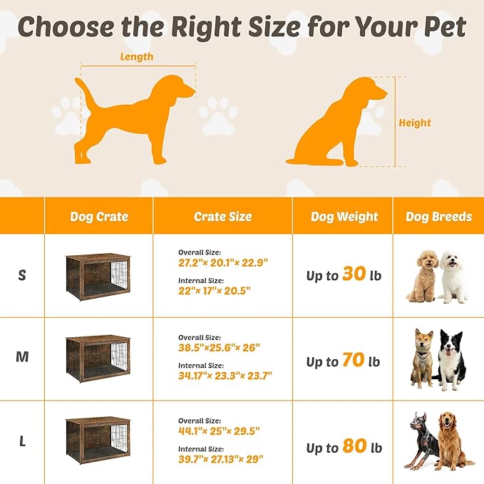 Dog Kennel Furniture, Wooden Dog Crate End Table with Dual Doors, Chew-Proof Design & Cushion, Heavy Duty Dog Crate, Decorative Pet Crate Dog Cage for Indoor (27 Inch)
