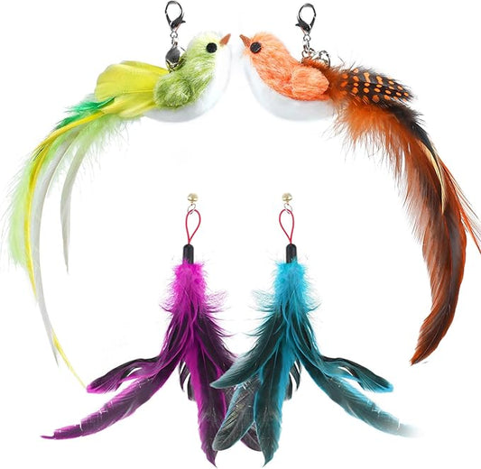 ROSAUI Interactive Cat Toy Replacements - Set of 4 Bird and Feather Attachments for Cat Teaser Wand - Lifelike Birds & Natural Feathers for Indoor Play - Ideal for Cats & Kittens
