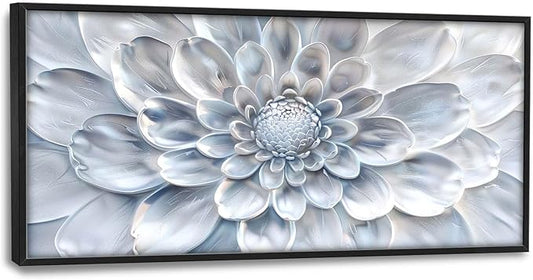 Abstract Flower Large Wall Art White Silver Floral Pictures Wall Decor Neutral Canvas Print Painting Artwork for Bathroom Living Room Bedroom 60L" x 30W"