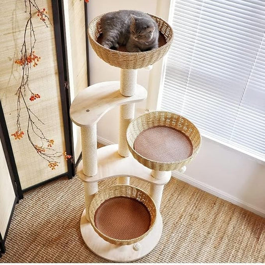 Modern Wood Rattan Cat Tree for Large Cats, Luxury Multi-Level Oak Solid Wood Cat Trees Towers，w/3 Weaving Cat Nests & Washable Cushions, Sisal Scratching Posts, for Indoor Large Cats-No paint/wax oil