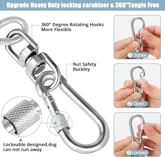 Jenico Dog Tie Out Cable, 10/15/20/30/40/50/70/100/150FT Runner Cable with Swivel Hook and Shock Spring, Yard and Camping Dog Leash Run Tether, Up to 500 LBS