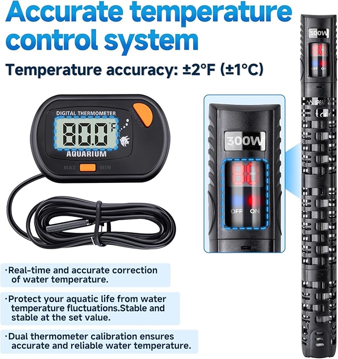 Aquarium Heater Submersible Fish Tank 100W& Turtle Tank Heater with External Adjustment Controller, Included Thermometer, LED Display, Overheat Protection, Detachable Cover, for Saltwater&Freshwater