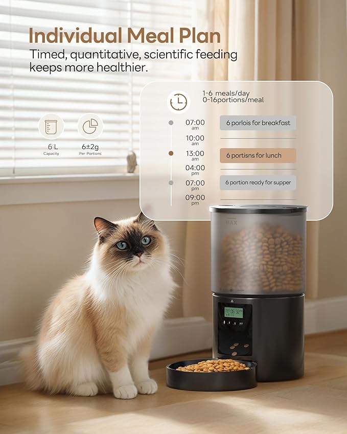 Automatic Cat Feeder Food Dispenser: 6L Timed Small Dog Dry Food Dispenser with 10s Voice - Distributeur Nourriture Chat Hund Programmable - Auto Pet Feeder with 1-6 Meals Black