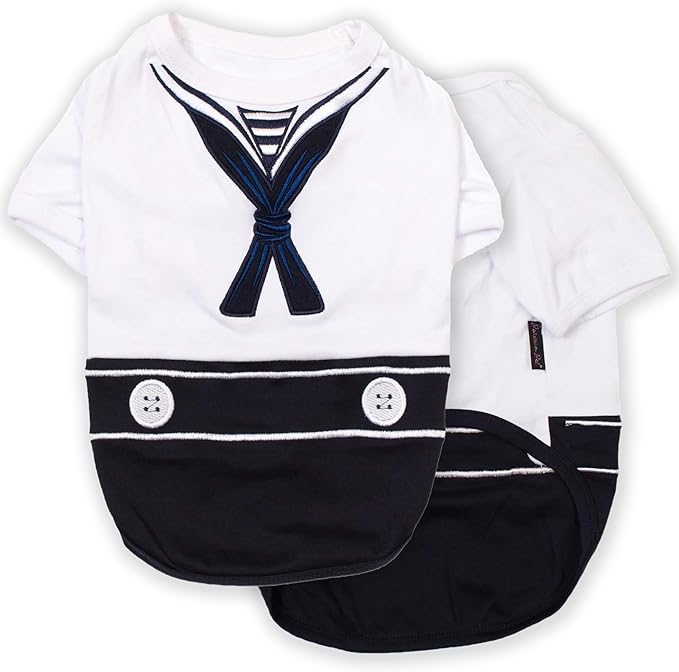 Parisian Pet Sailor Dog Costume - Embroidered Sleeved Dog Shirt - 100% Cotton & Polyester - Blue & White - 3XL
